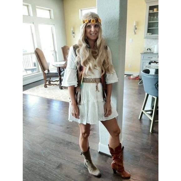 N12H White Cotton Eyelet Pure Peasant Three Quarter Sleeve Poppy Dress XS US 0 - Picture 4 of 16